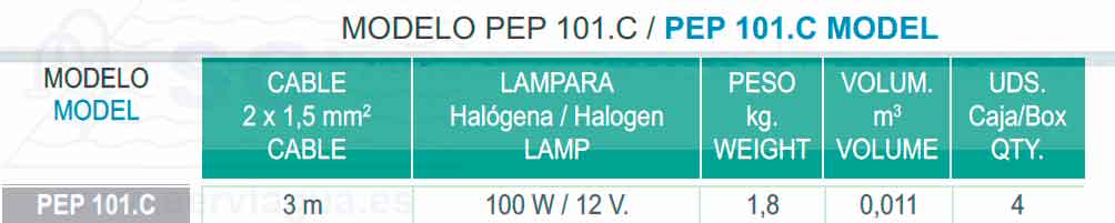 proyector extra plano halogeno PEP101.C tabla